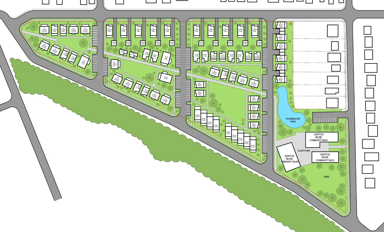 Concept 1 site plan, a rectilinear block layout with a linear path to the community campus